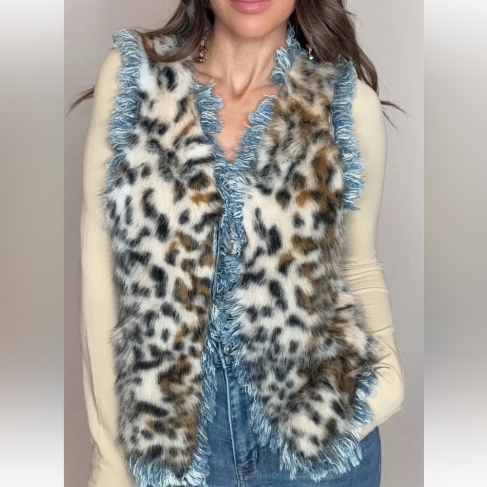Adore Leopard Print Vest with Blue denim Fringe